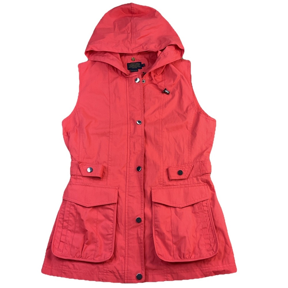 Pendleton Utility Vest Hooded Full Zip Pockets Coral Adjustable Waist Women Sz S